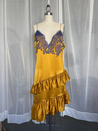 Ochre 100% Silk Dress with Lace Appliqué