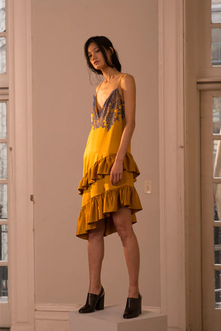 Ochre 100% Silk Dress with Lace Appliqué